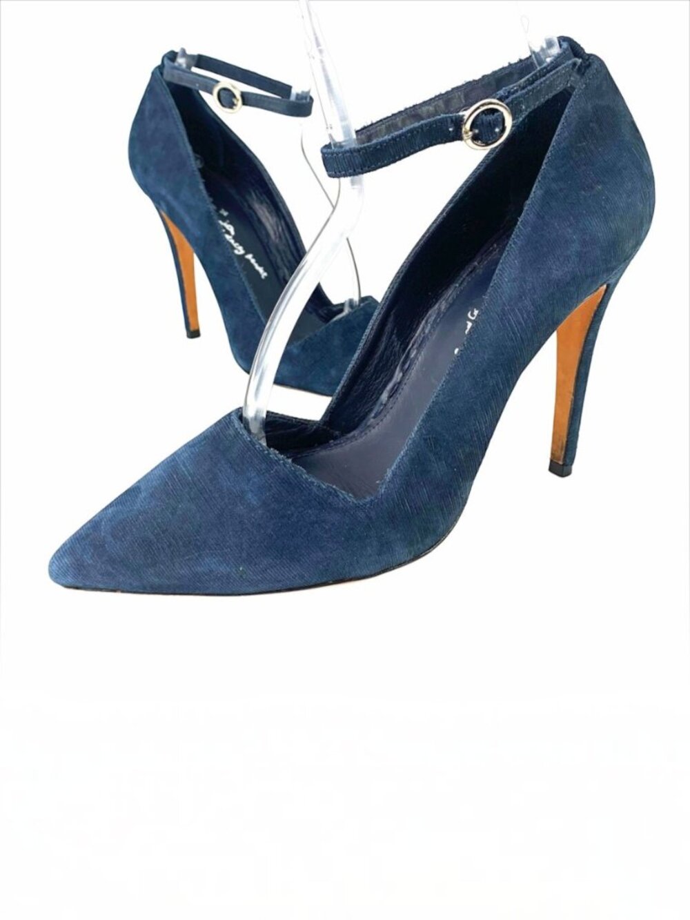 ALICE + OLIVIA Makayla Navy Blue Kid Suede Ankle Strap Stiletto